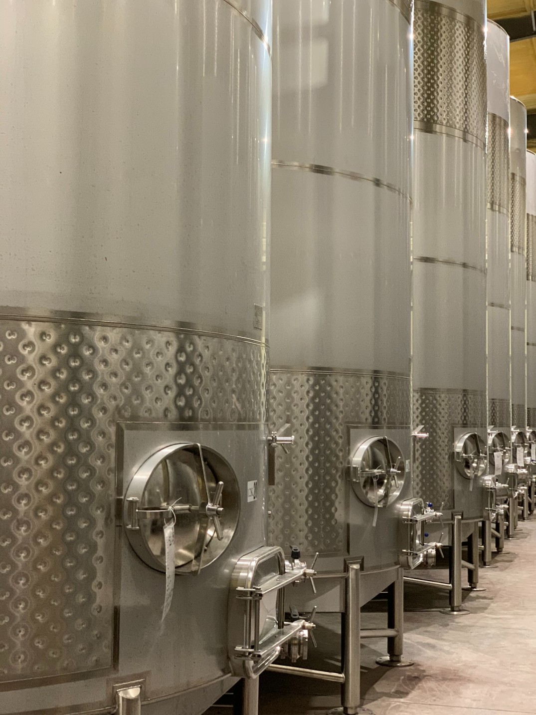 A row of large tall winery fermentation tanks looking at the front guages.